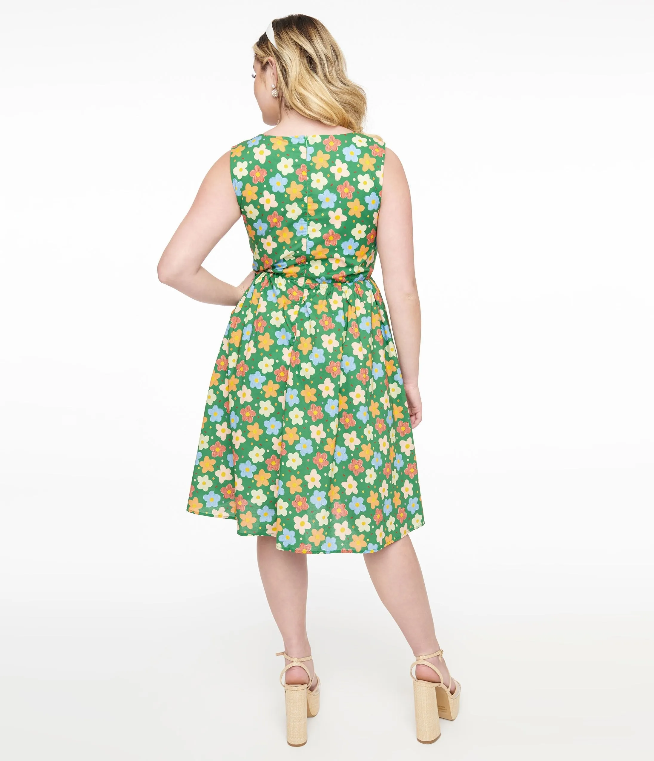 1950s Green Retro Floral Cotton Fit & Flare Dress