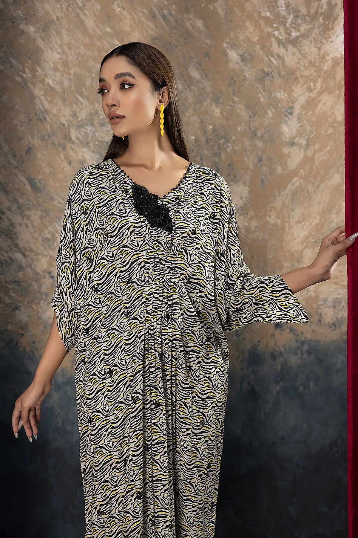 2-Pc Printed Raw Silk Emballished Kaftan With Printed Raw Silk Trouser CMA23-01