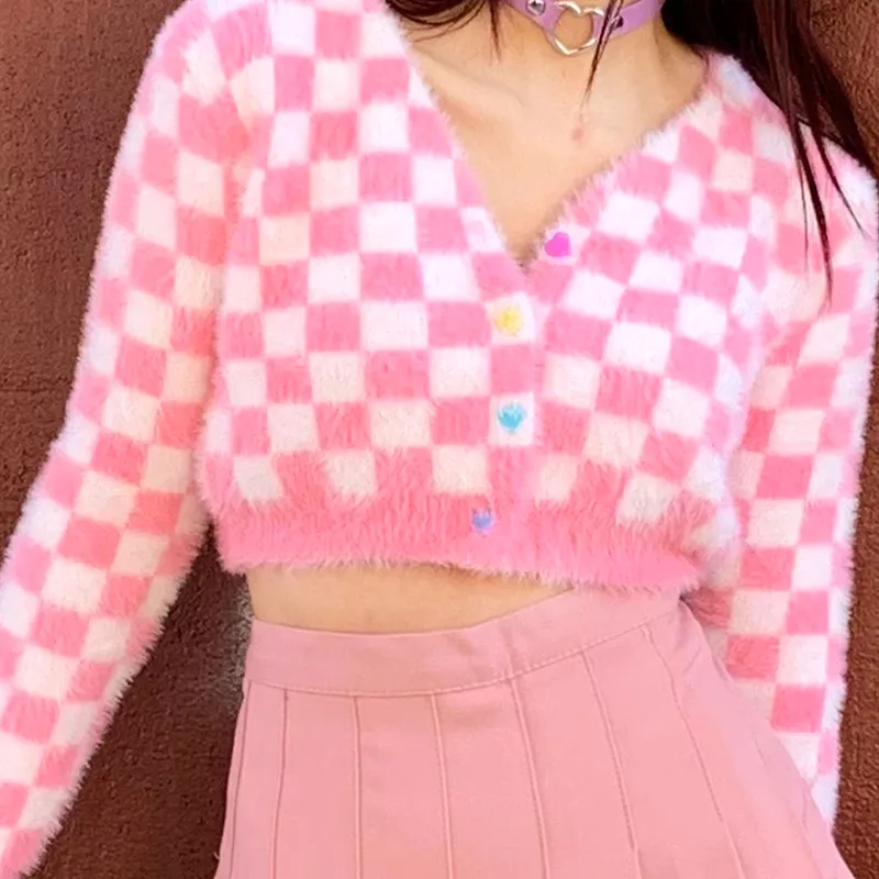 Babe Pink Checker Fuzzy Cardigan AD12072