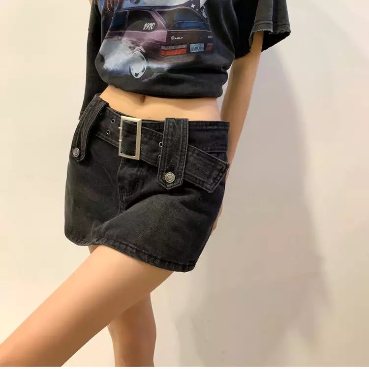 Black Buckle Belt Denim Skirt