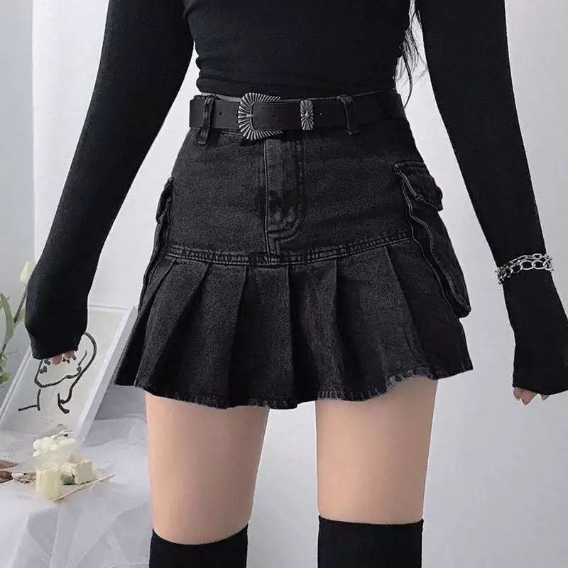 Black Denim Pleat Skirt