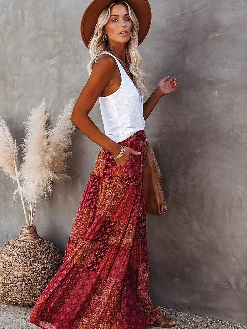 Bohemian 3-Piece Maxi Skirt, Tank Top, and Summer Hat Set