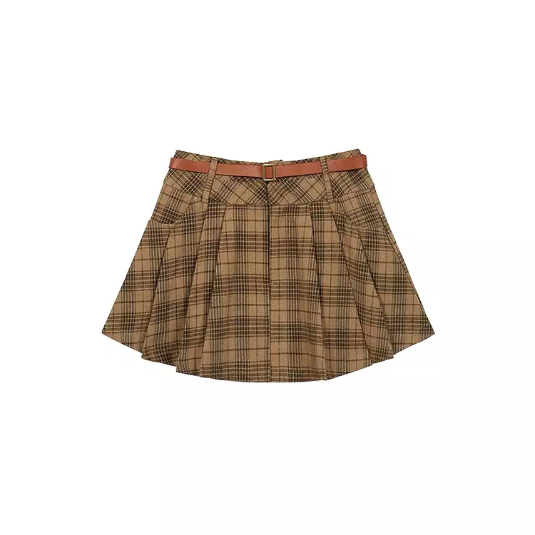 Brown Plaid Belt Skirt