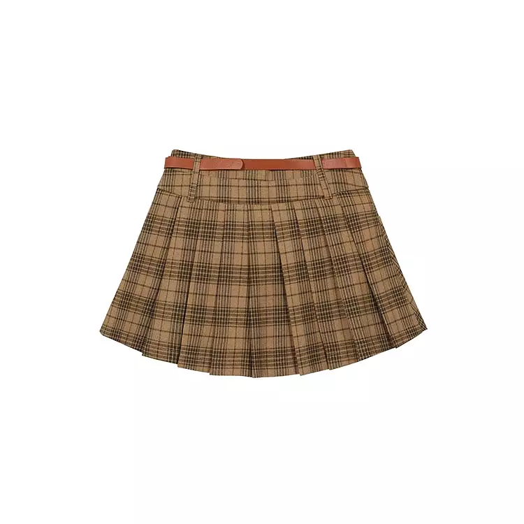 Brown Plaid Belt Skirt