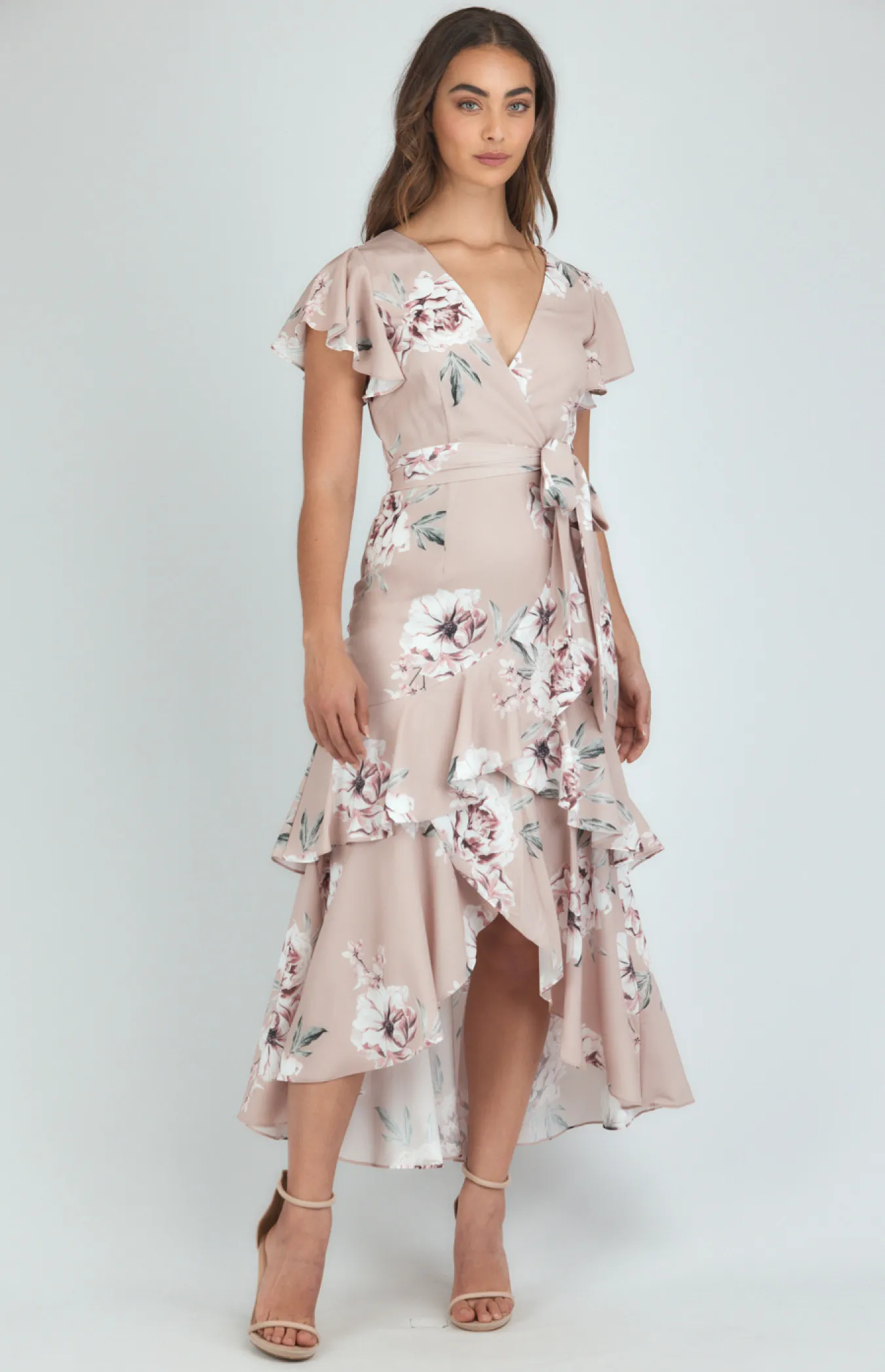 Butterfly Sleeve Floral Dress with Waterfall Hemline (ADR1146A)