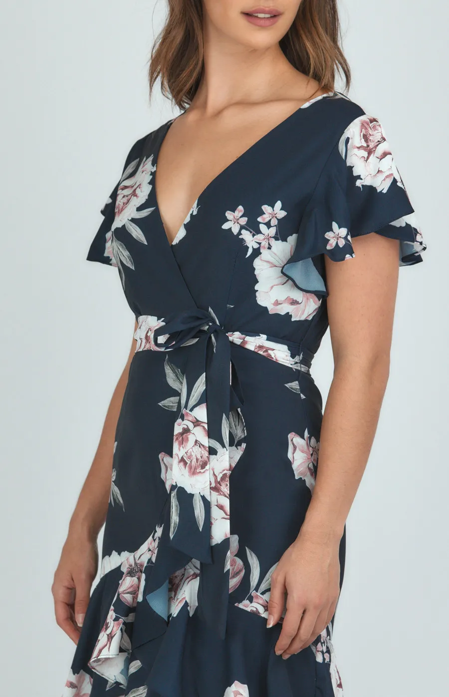 Butterfly Sleeve Floral Dress with Waterfall Hemline (ADR1146A)