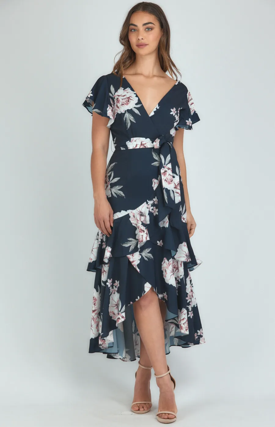 Butterfly Sleeve Floral Dress with Waterfall Hemline (ADR1146A)