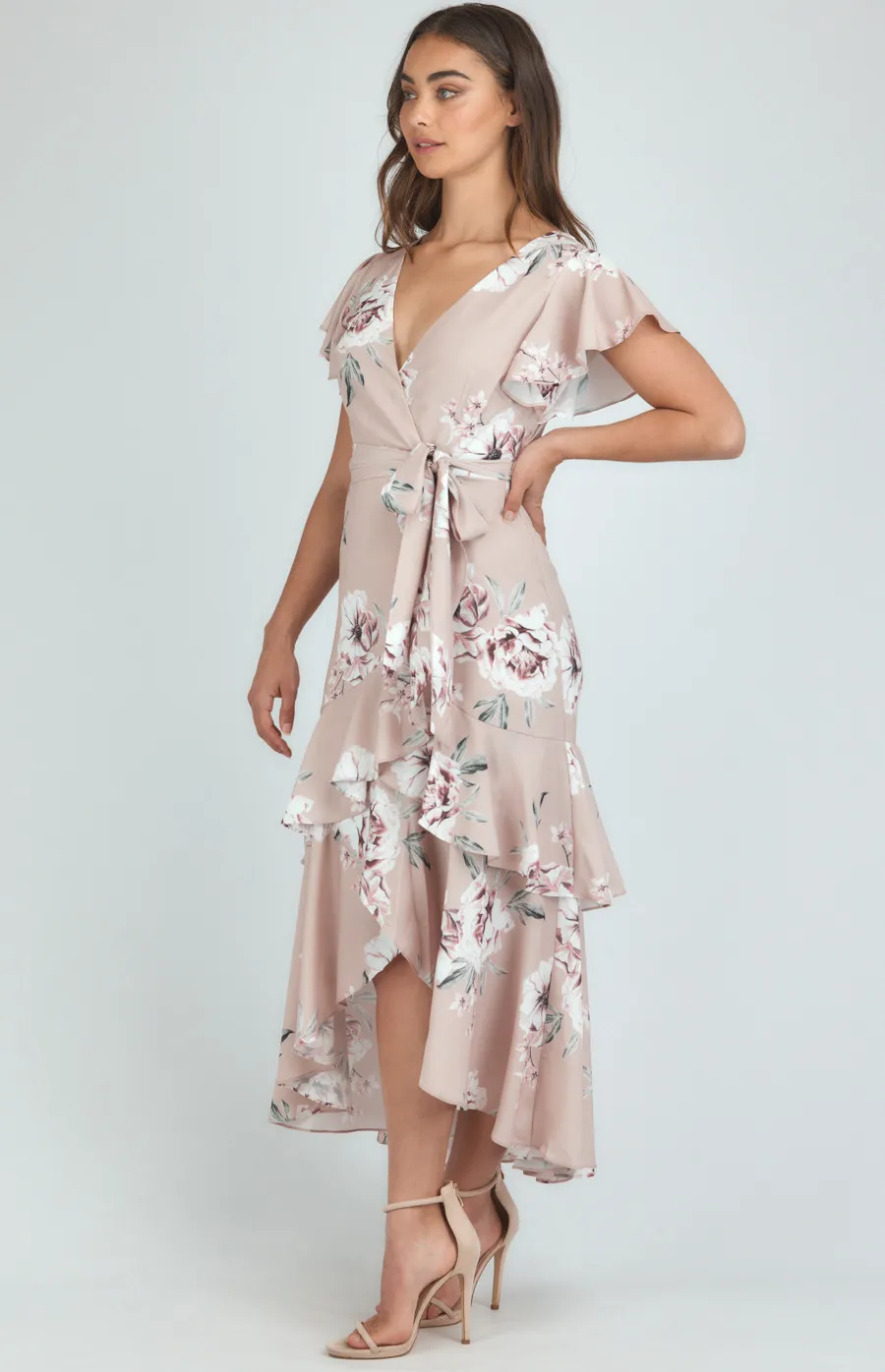 Butterfly Sleeve Floral Dress with Waterfall Hemline (ADR1146A)