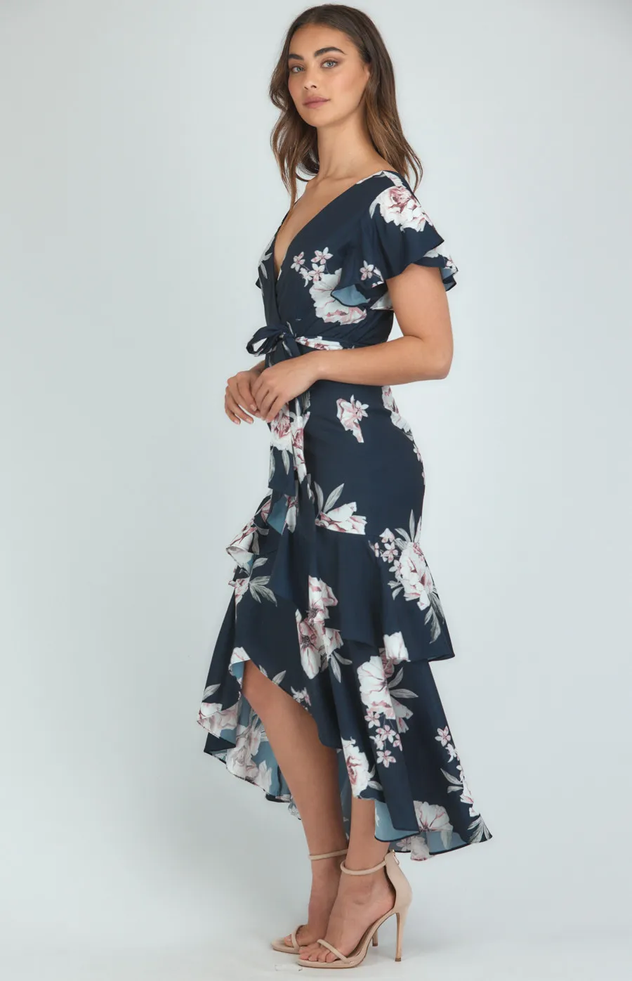 Butterfly Sleeve Floral Dress with Waterfall Hemline (ADR1146A)