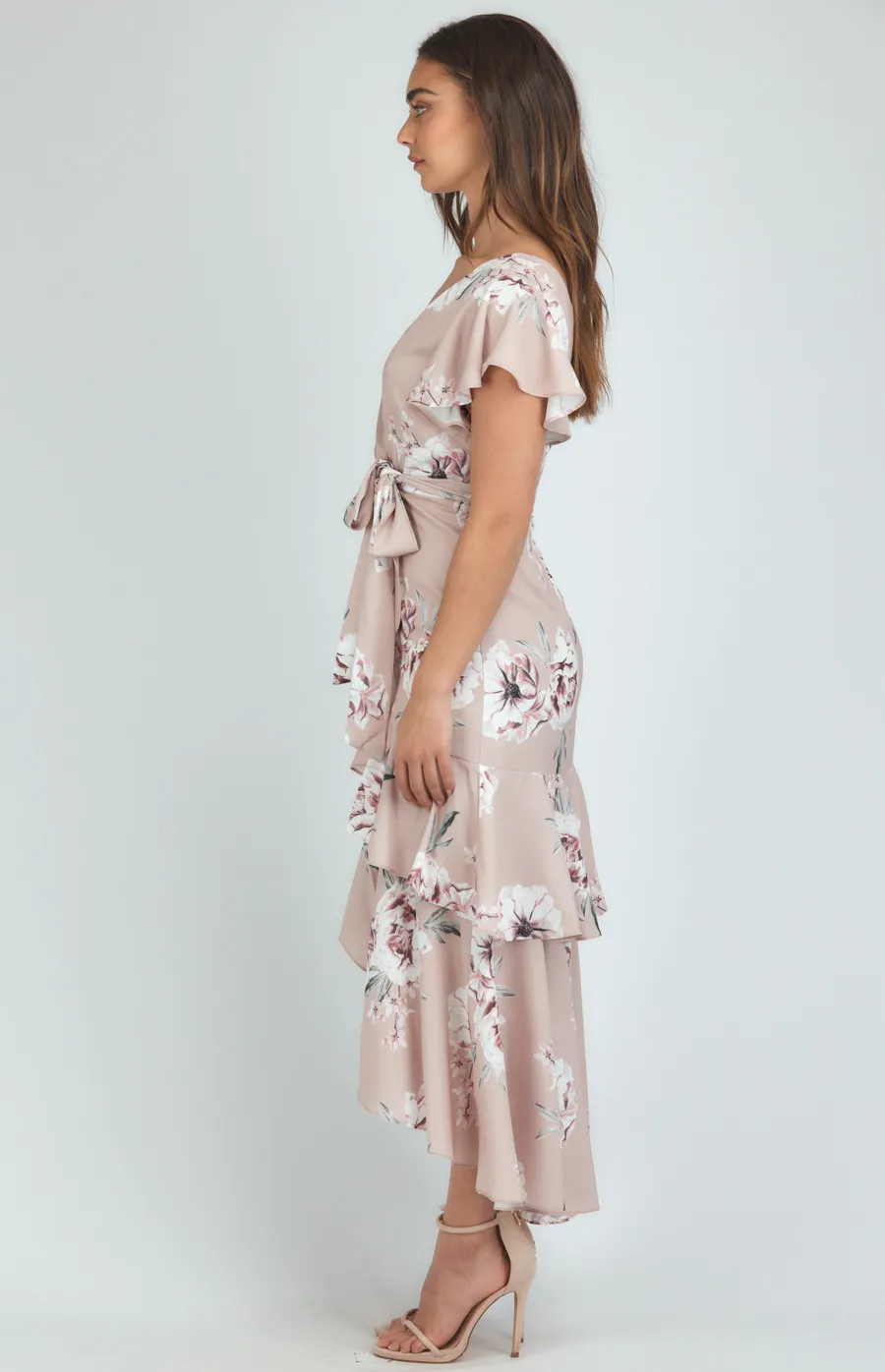 Butterfly Sleeve Floral Dress with Waterfall Hemline (ADR1146A)