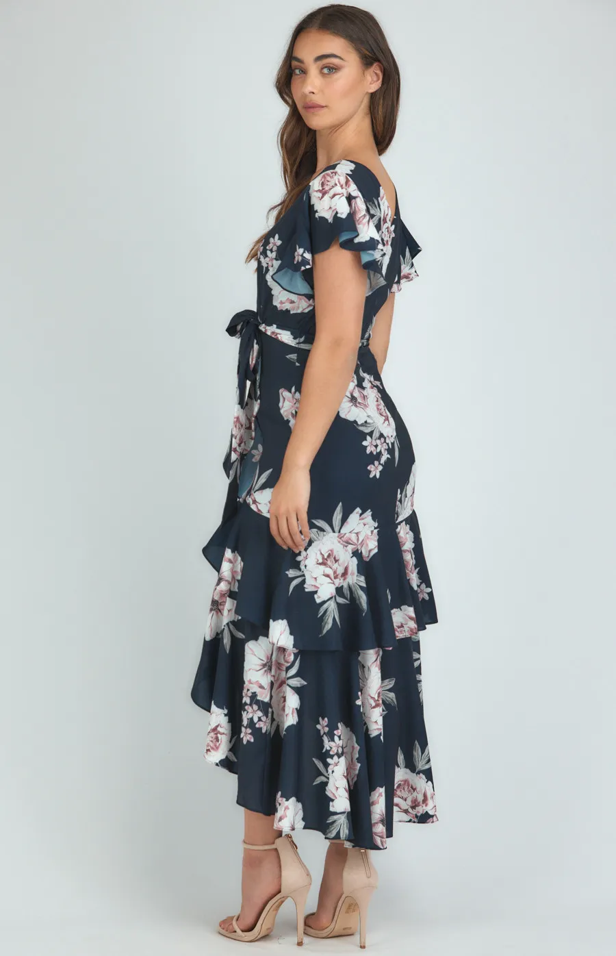 Butterfly Sleeve Floral Dress with Waterfall Hemline (ADR1146A)