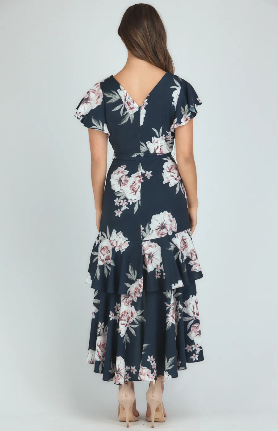 Butterfly Sleeve Floral Dress with Waterfall Hemline (ADR1146A)