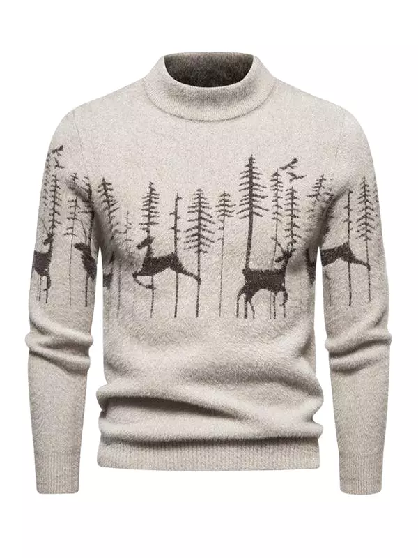 Deer Round Neck Knitted Men Pullover Sweater