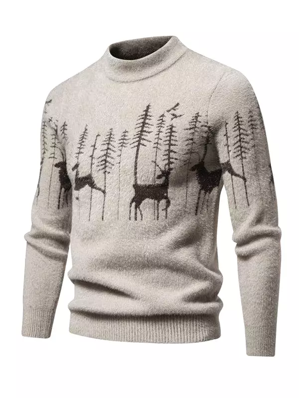 Deer Round Neck Knitted Men Pullover Sweater