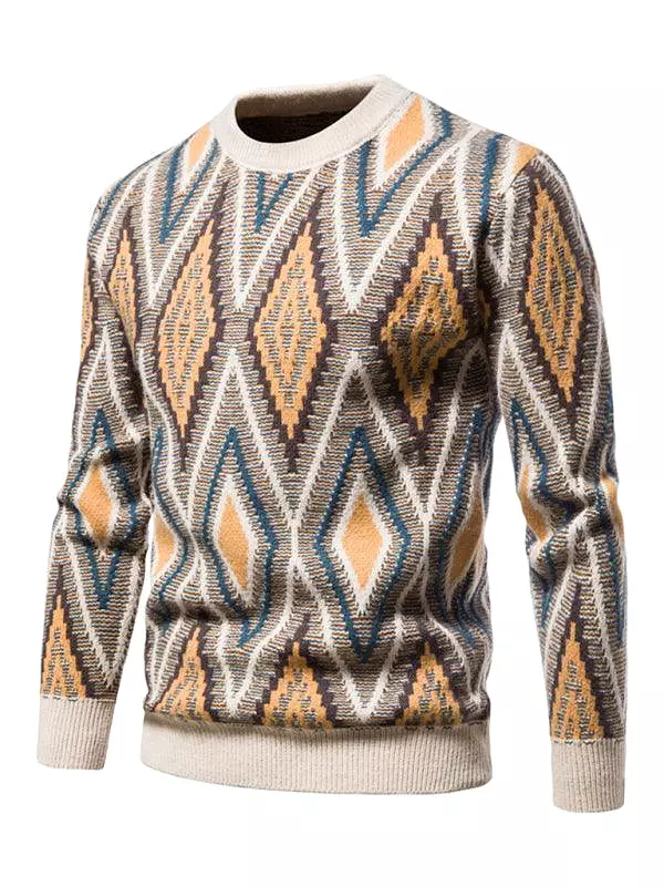 Diamond Jacquard Men Crew Neck Pullover Sweater