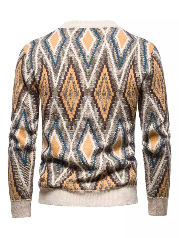 Diamond Jacquard Men Crew Neck Pullover Sweater