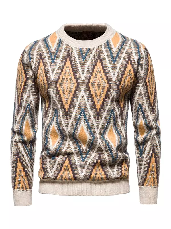 Diamond Jacquard Men Crew Neck Pullover Sweater