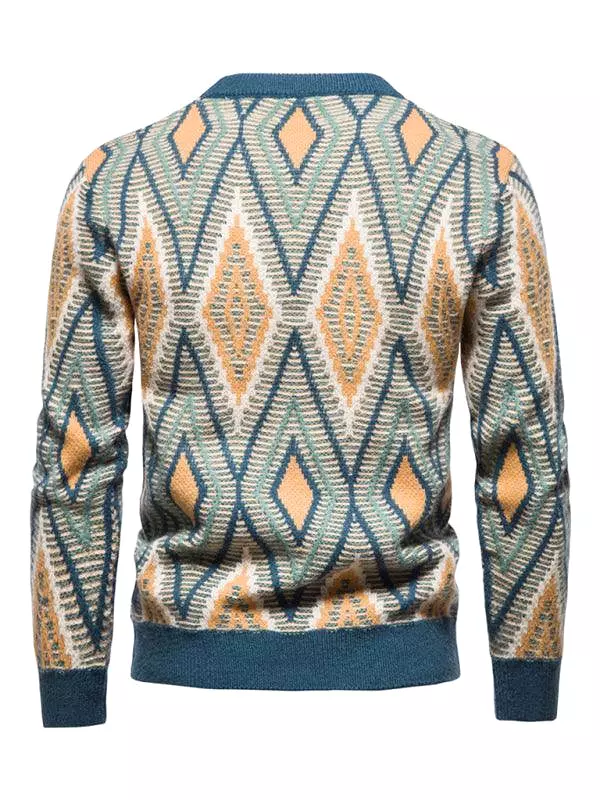 Diamond Jacquard Men Crew Neck Pullover Sweater