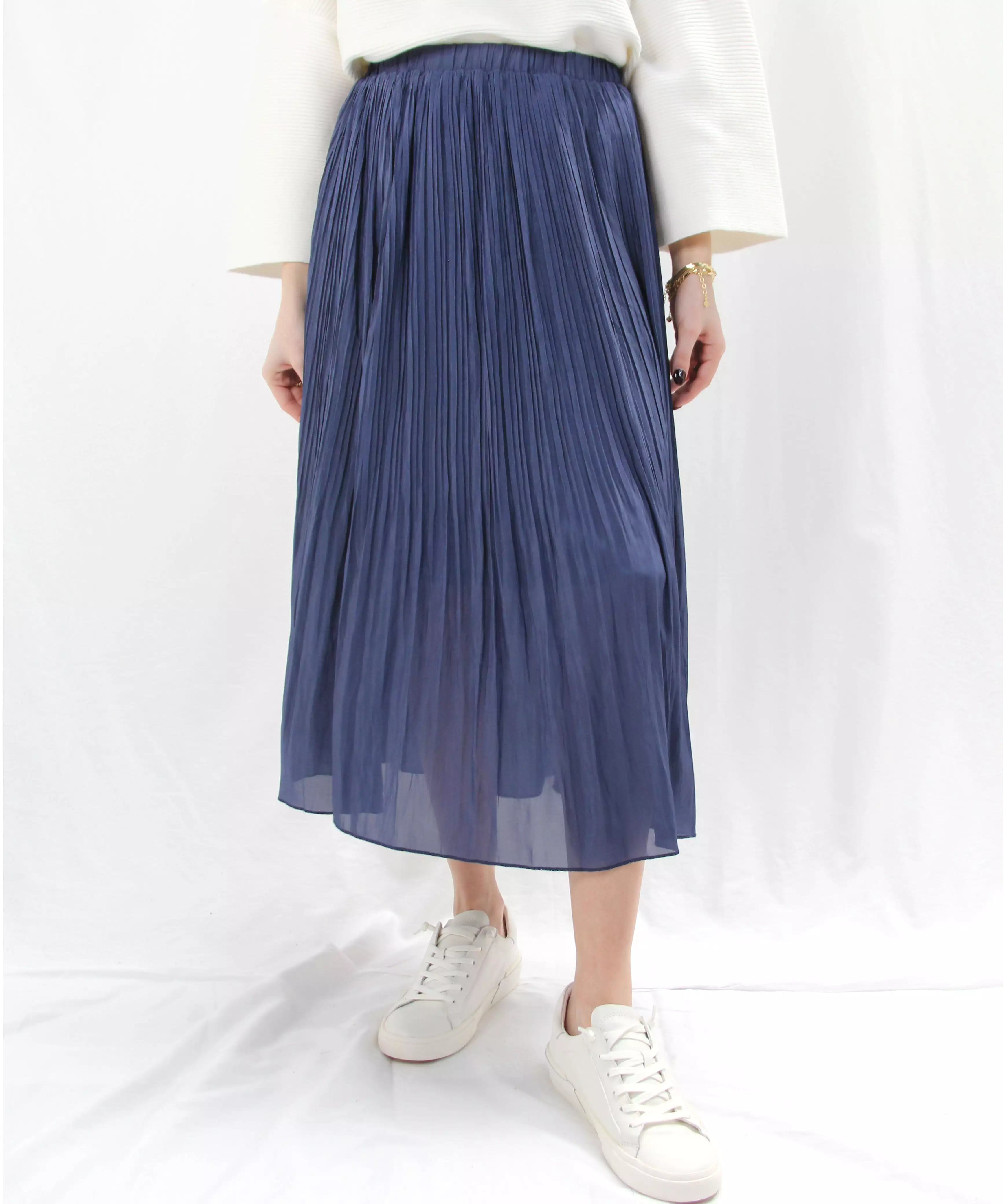 Elastic Waist Pleated Midi Skirt - Midnight Blue