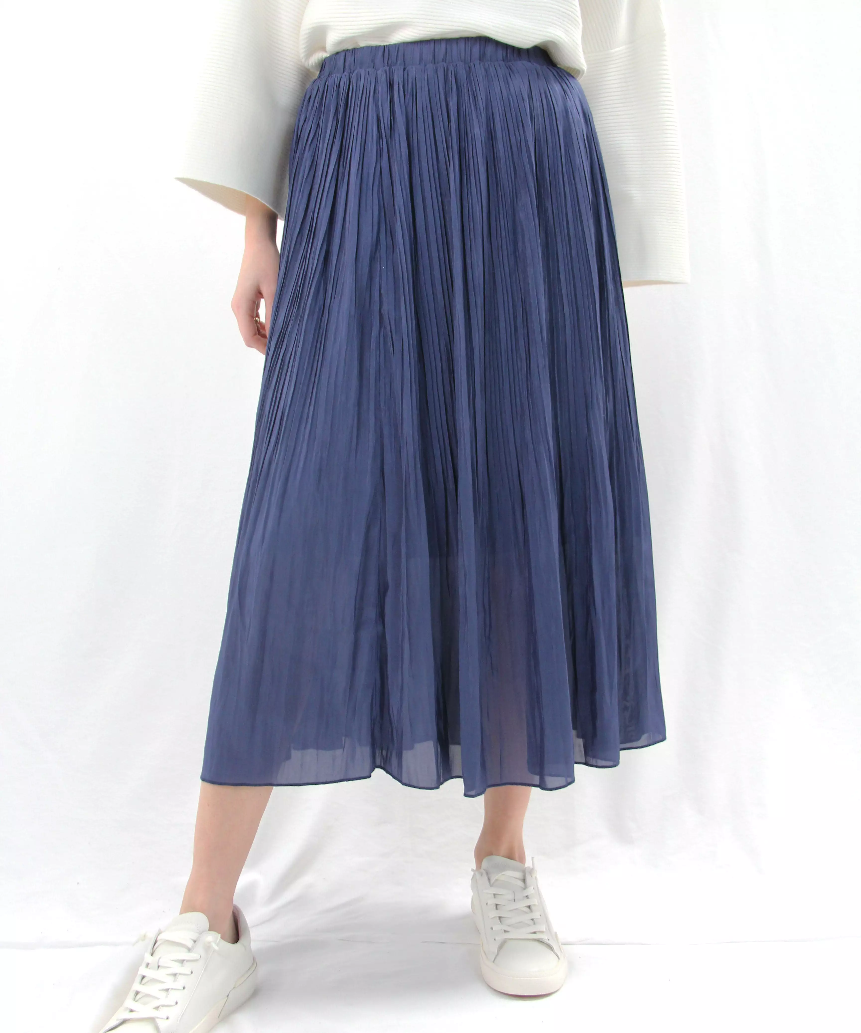 Elastic Waist Pleated Midi Skirt - Midnight Blue