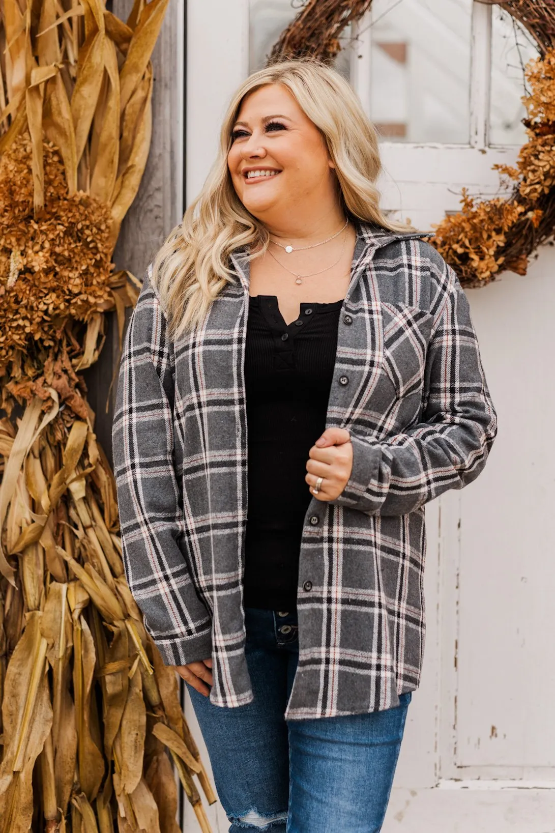 Falling For Your Smile Plaid Flannel- Grey & Ivory