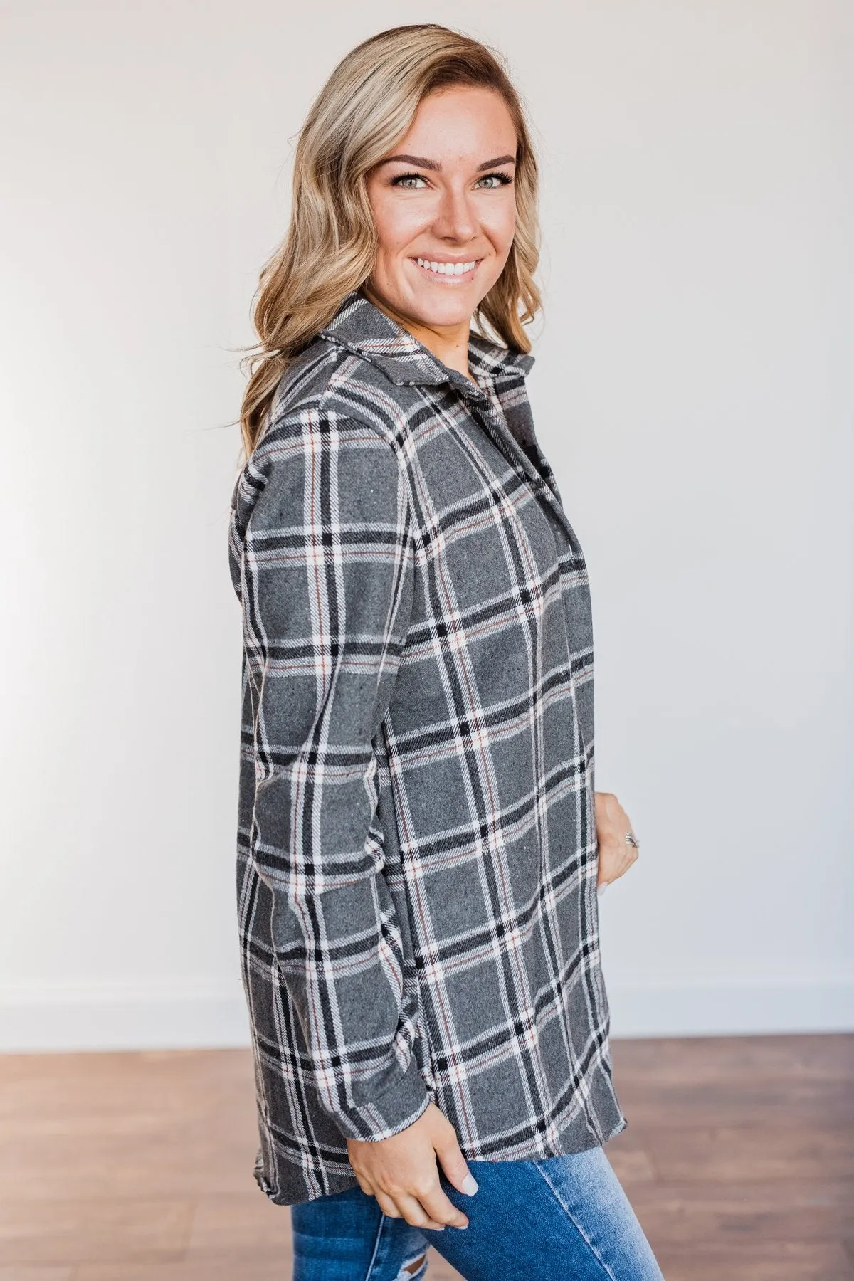 Falling For Your Smile Plaid Flannel- Grey & Ivory