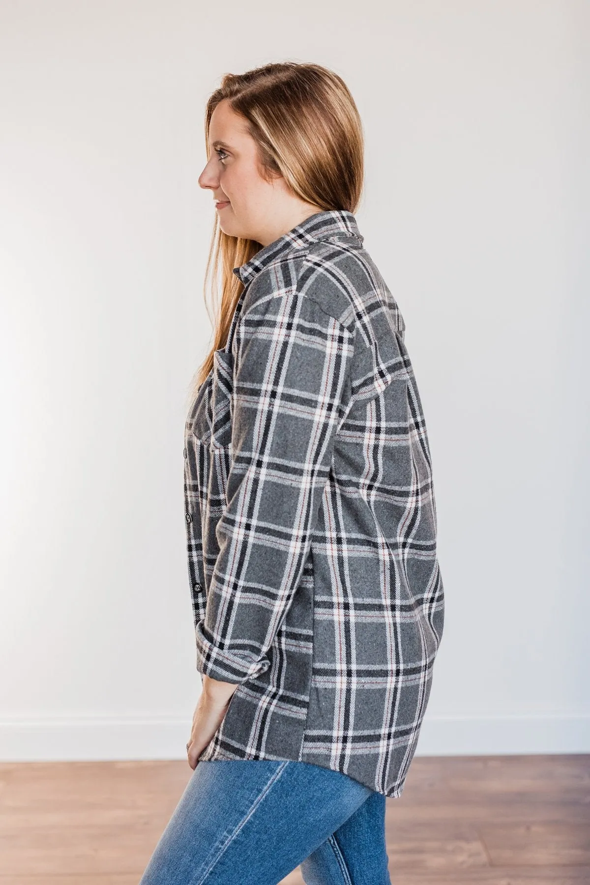 Falling For Your Smile Plaid Flannel- Grey & Ivory