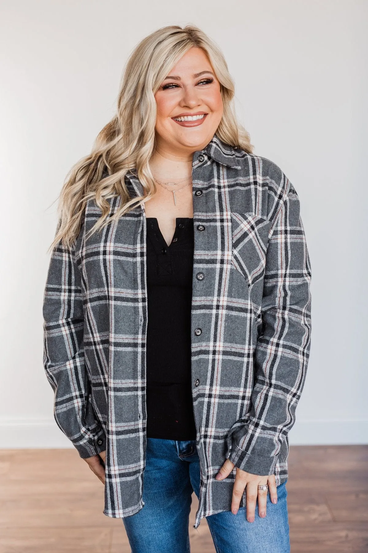 Falling For Your Smile Plaid Flannel- Grey & Ivory