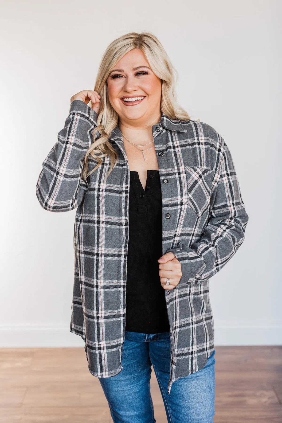 Falling For Your Smile Plaid Flannel- Grey & Ivory