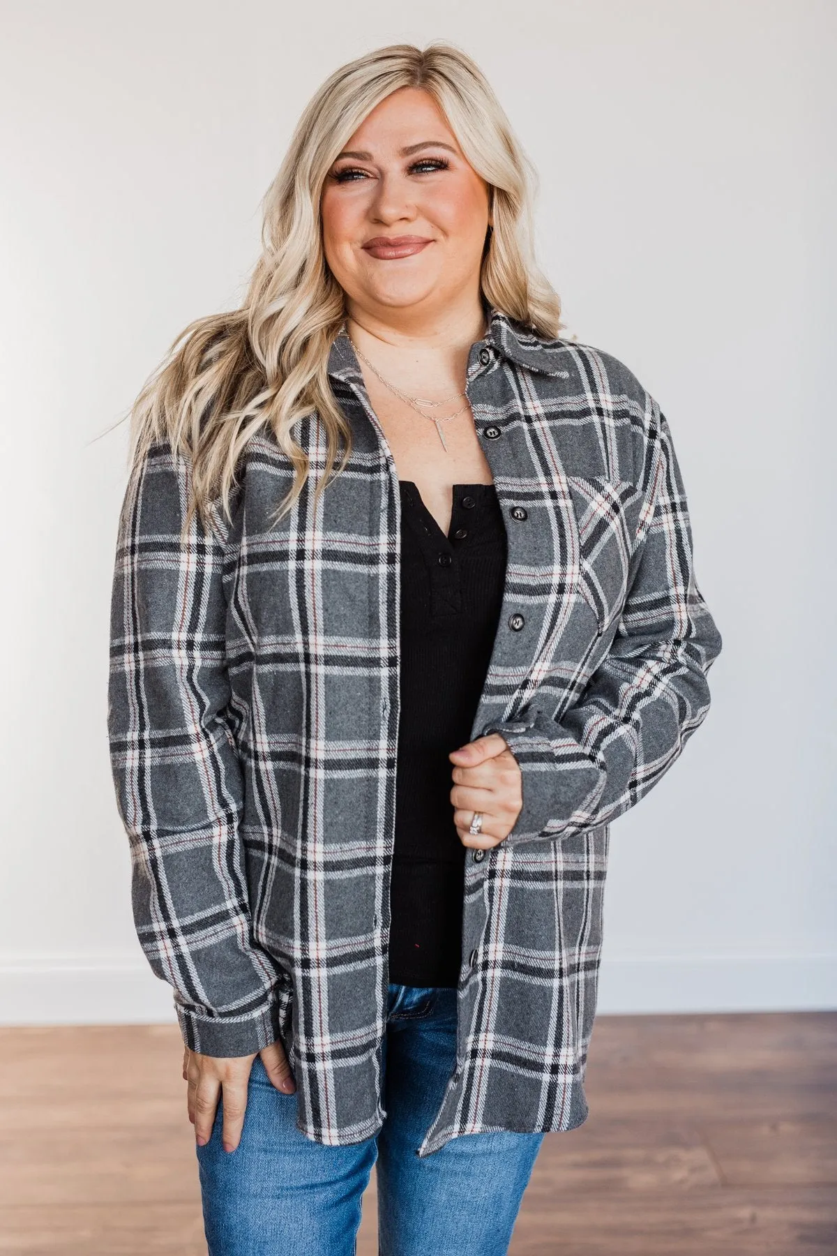 Falling For Your Smile Plaid Flannel- Grey & Ivory