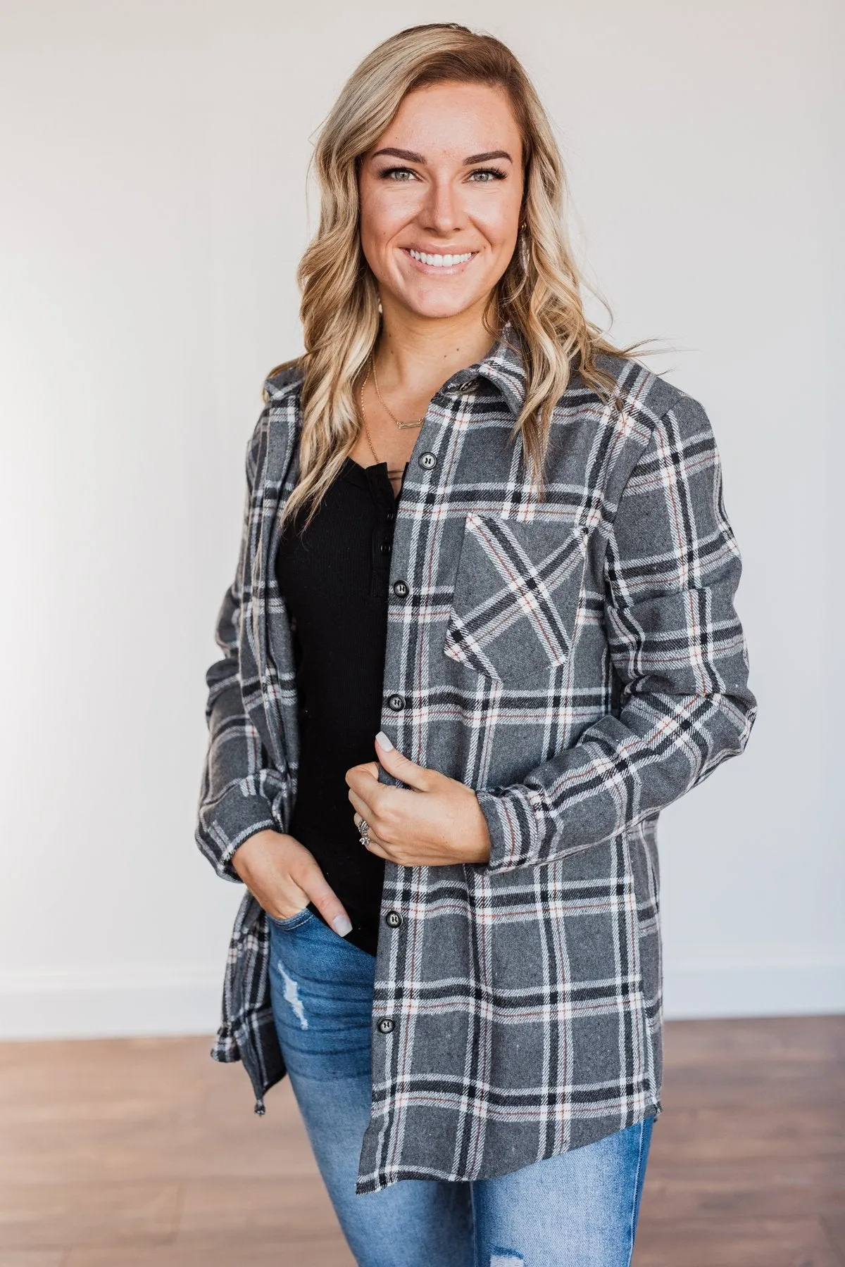 Falling For Your Smile Plaid Flannel- Grey & Ivory