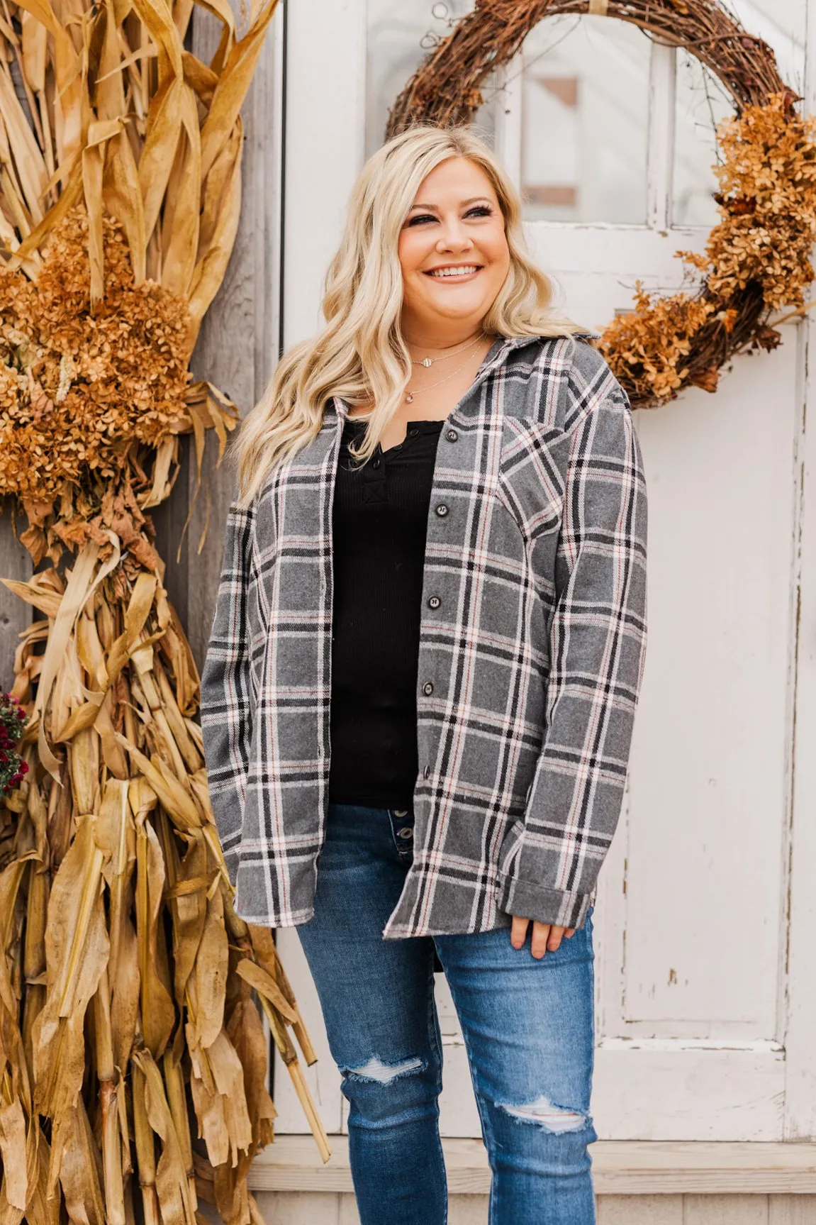 Falling For Your Smile Plaid Flannel- Grey & Ivory