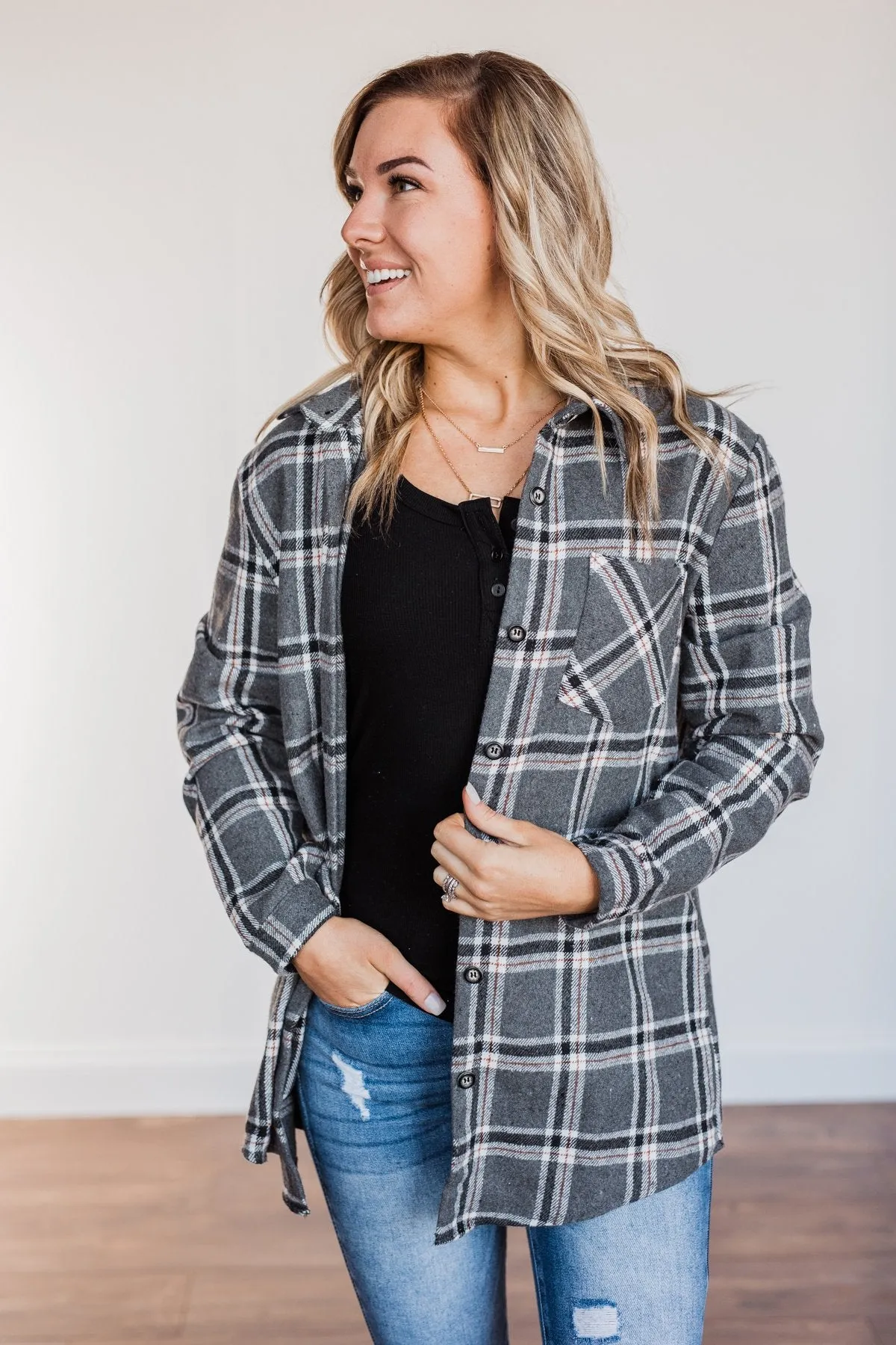 Falling For Your Smile Plaid Flannel- Grey & Ivory