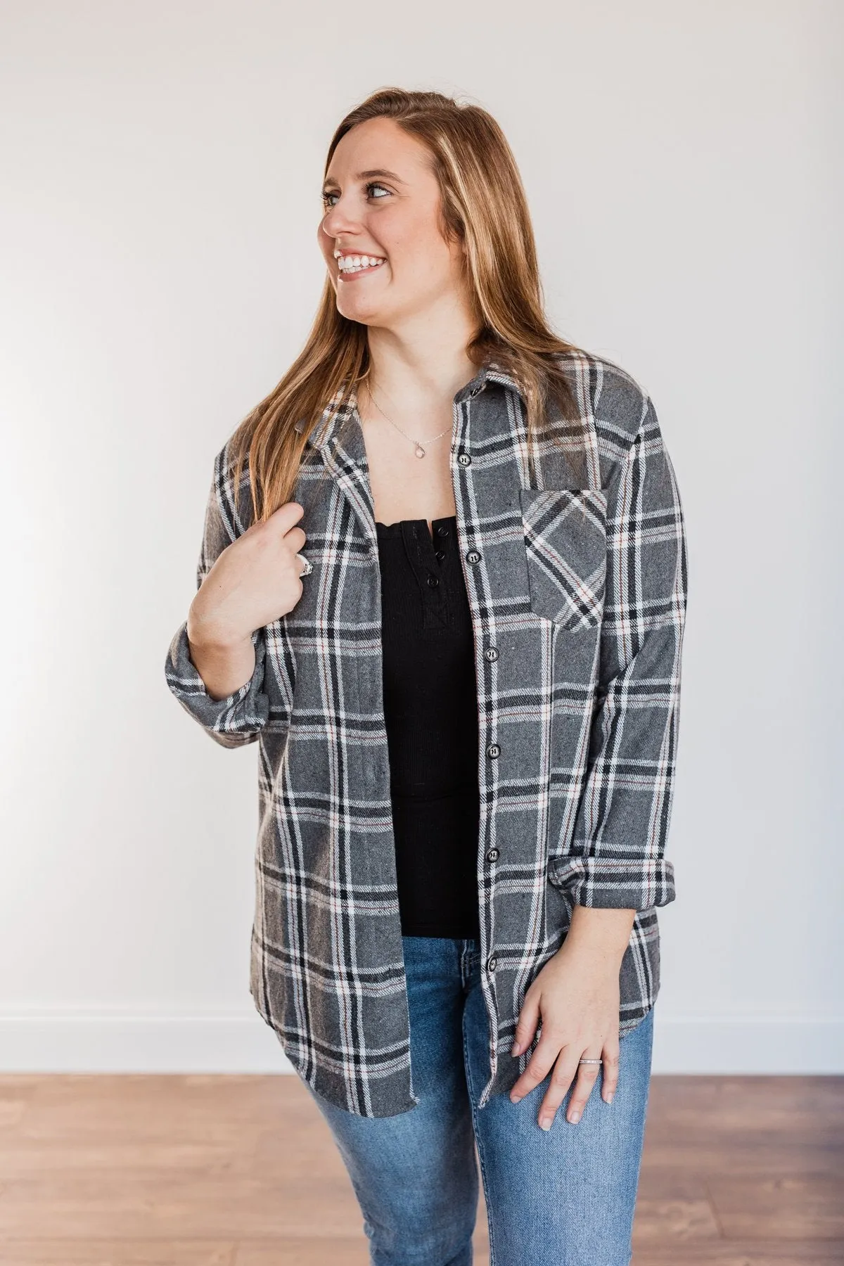 Falling For Your Smile Plaid Flannel- Grey & Ivory