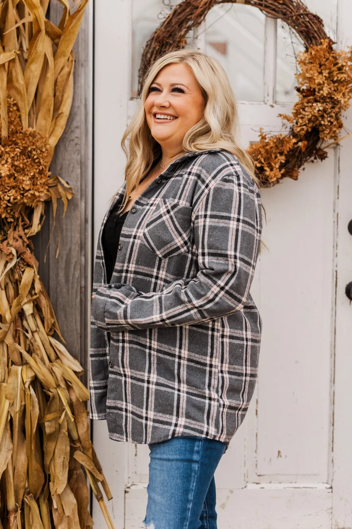 Falling For Your Smile Plaid Flannel- Grey & Ivory