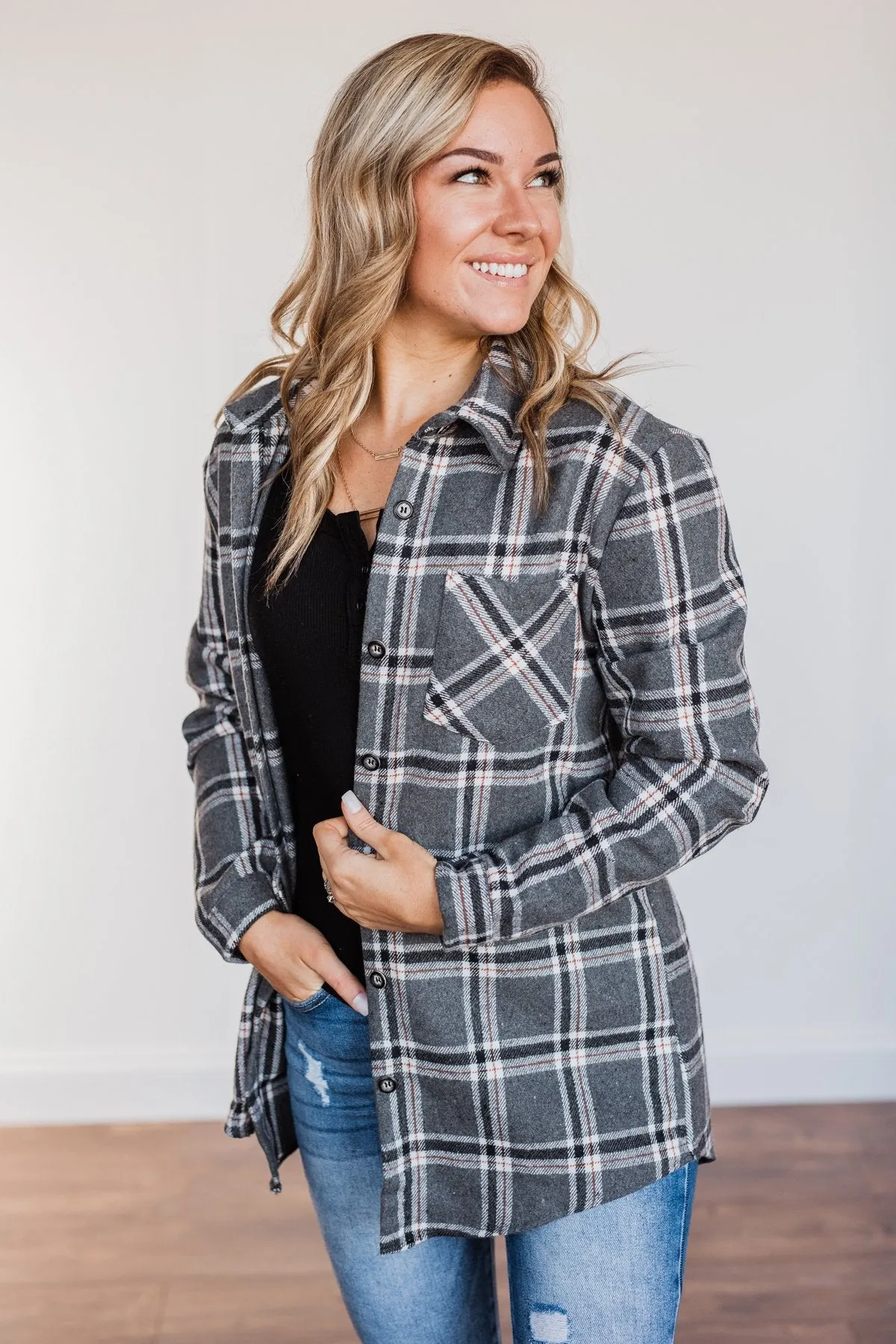 Falling For Your Smile Plaid Flannel- Grey & Ivory