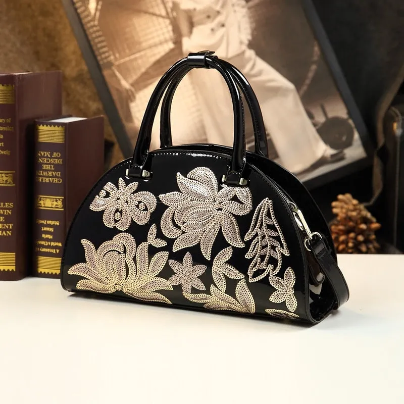 Fashion Genuine Leather Versatile Embroidery Women China Ethnic Style Middle Aged Shoulder Messenger