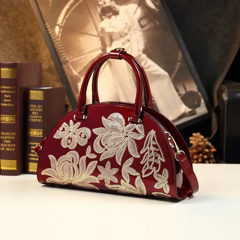 Fashion Genuine Leather Versatile Embroidery Women China Ethnic Style Middle Aged Shoulder Messenger