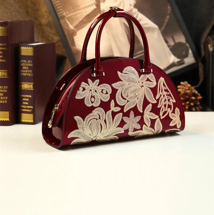 Fashion Genuine Leather Versatile Embroidery Women China Ethnic Style Middle Aged Shoulder Messenger