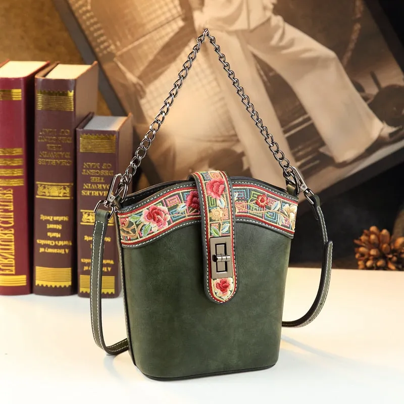 Fashion Genuine Leather Women Small Mobile Phone Crossbody Bucket Bag Embroidered Shoulder Messenger