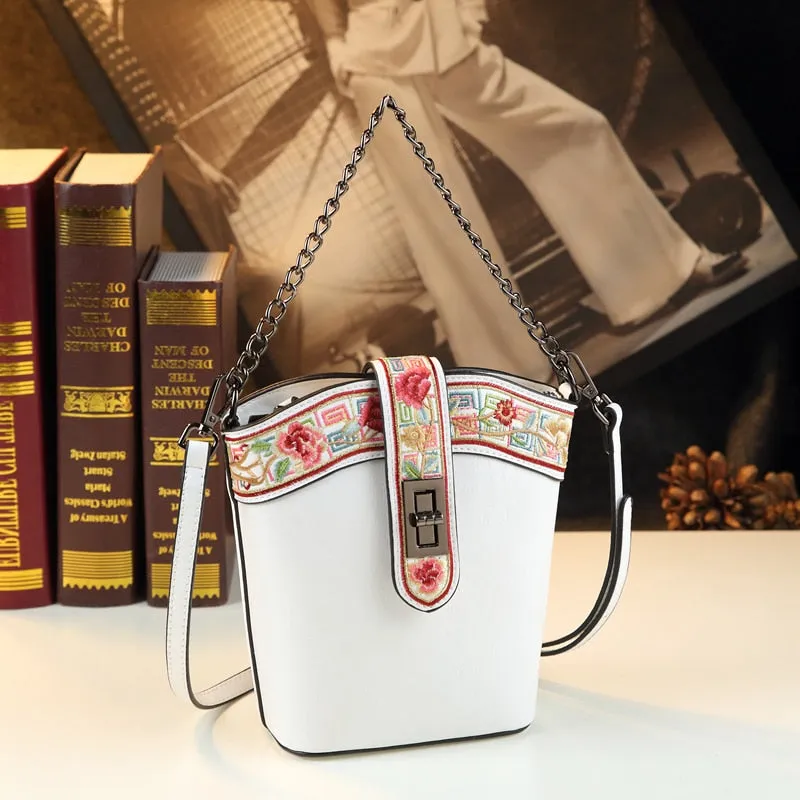 Fashion Genuine Leather Women Small Mobile Phone Crossbody Bucket Bag Embroidered Shoulder Messenger