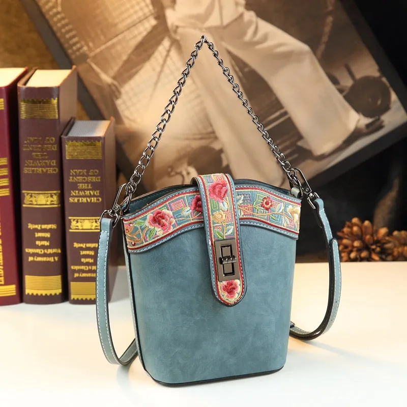 Fashion Genuine Leather Women Small Mobile Phone Crossbody Bucket Bag Embroidered Shoulder Messenger