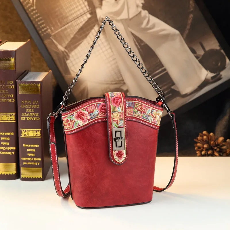 Fashion Genuine Leather Women Small Mobile Phone Crossbody Bucket Bag Embroidered Shoulder Messenger