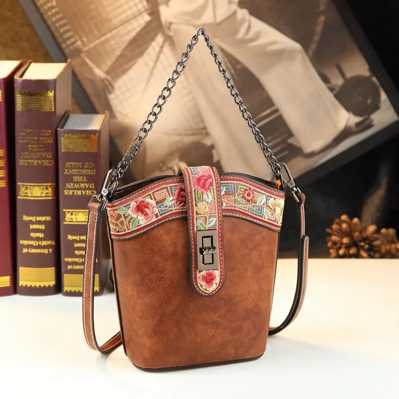 Fashion Genuine Leather Women Small Mobile Phone Crossbody Bucket Bag Embroidered Shoulder Messenger