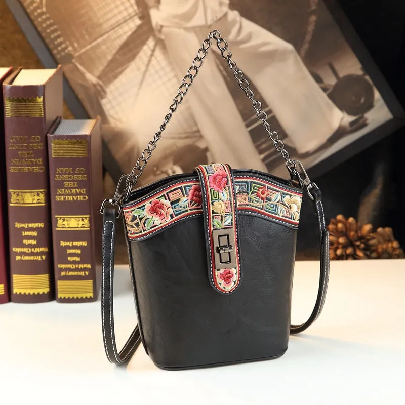 Fashion Genuine Leather Women Small Mobile Phone Crossbody Bucket Bag Embroidered Shoulder Messenger