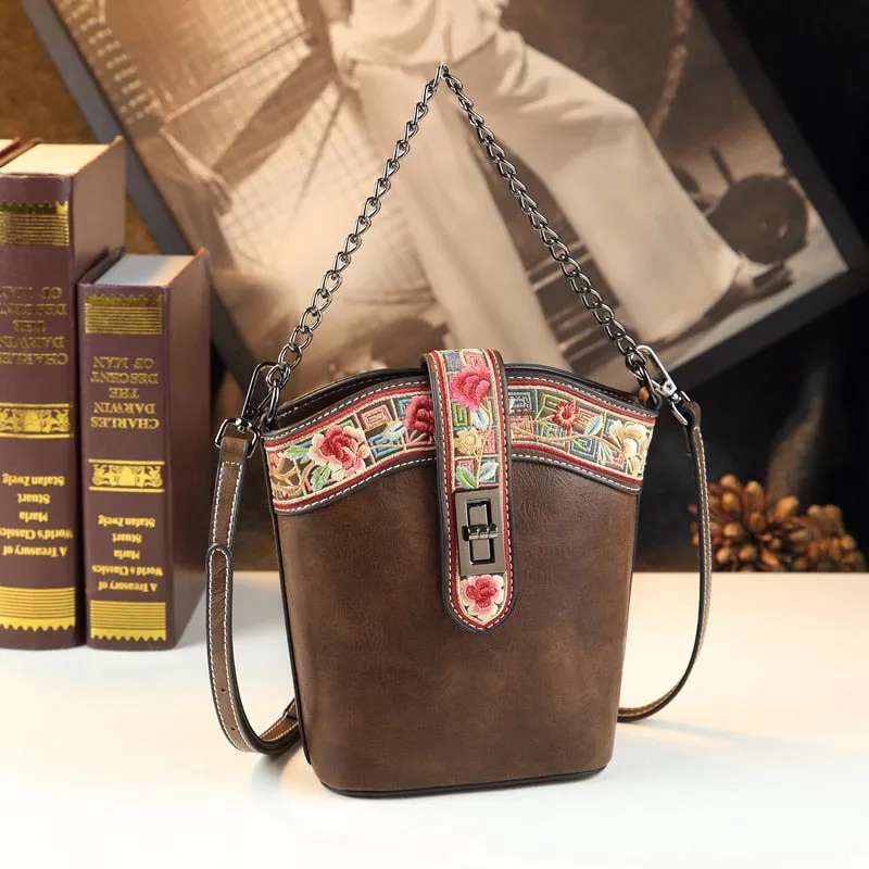 Fashion Genuine Leather Women Small Mobile Phone Crossbody Bucket Bag Embroidered Shoulder Messenger