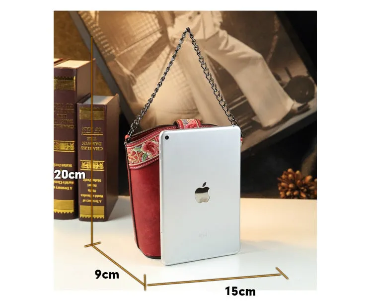 Fashion Genuine Leather Women Small Mobile Phone Crossbody Bucket Bag Embroidered Shoulder Messenger