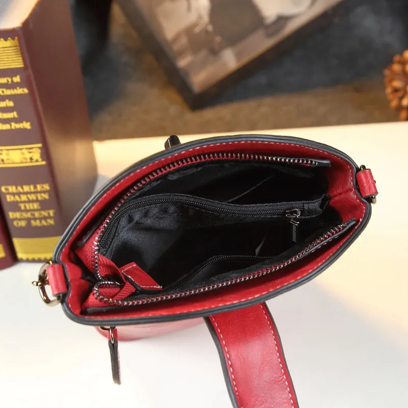 Fashion Genuine Leather Women Small Mobile Phone Crossbody Bucket Bag Embroidered Shoulder Messenger