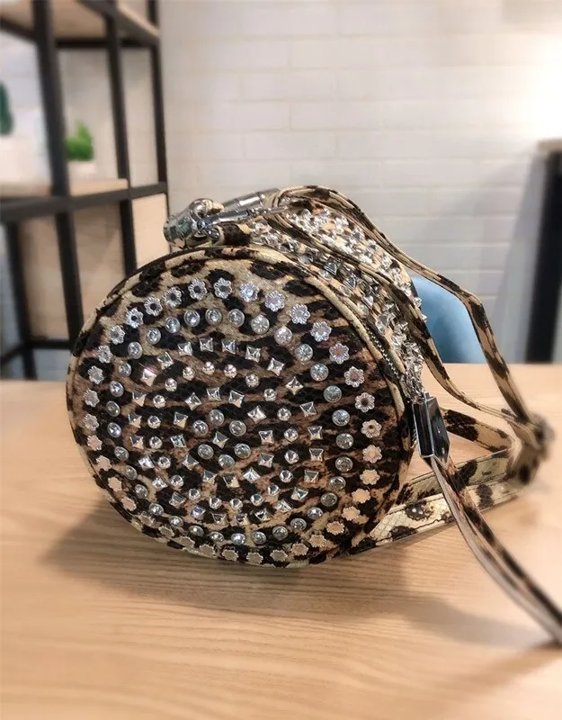 Fashion Women Leopard Print Diamond Rivet Rhinestone Luxury Single Crossbody Small Shoulder Bucket