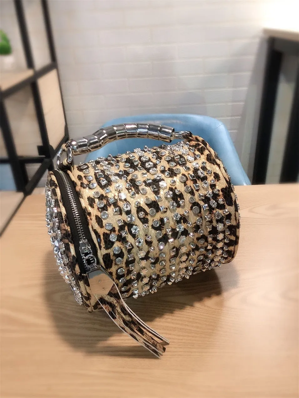 Fashion Women Leopard Print Diamond Rivet Rhinestone Luxury Single Crossbody Small Shoulder Bucket